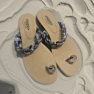 CARAY! Strapless Sandals Big Crystal Ball Flats unworn Size 8 Kitten Height